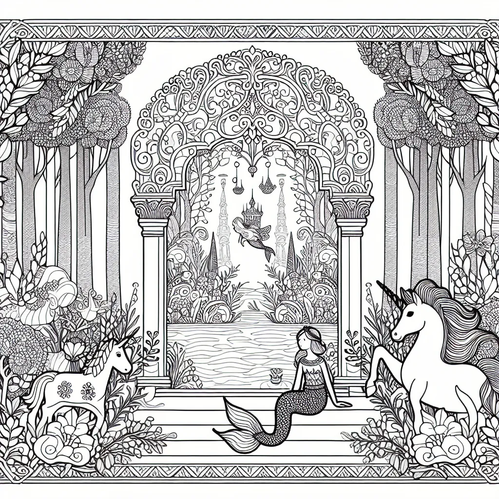 Un paysage féerique d'un somptueux jardin secret, gardé par une douce sirène et son ami licorne, caché au sein d'une forêt enchantée.