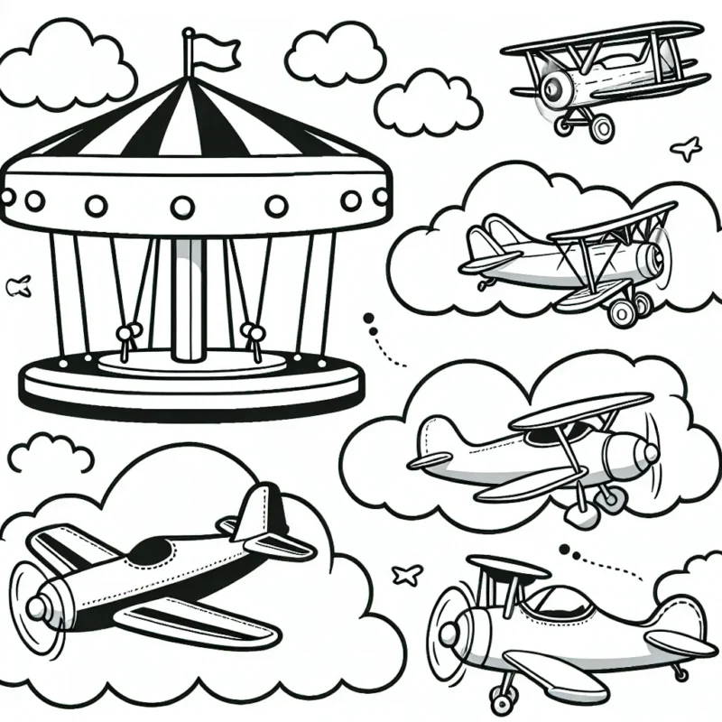 Un carrousel d'avions dans le ciel, avec différents types d'avions : un avion de ligne, un avion de chasse, un biplan et un avion de voltige, tous volant entre les nuages.