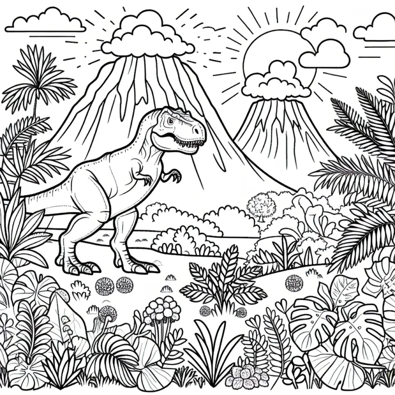 Dans l'univers fascinant des dinosaures, imaginez un majestueux T-Rex qui traverse une jungle luxuriante pleine de végétation variée et de volcans actifs !