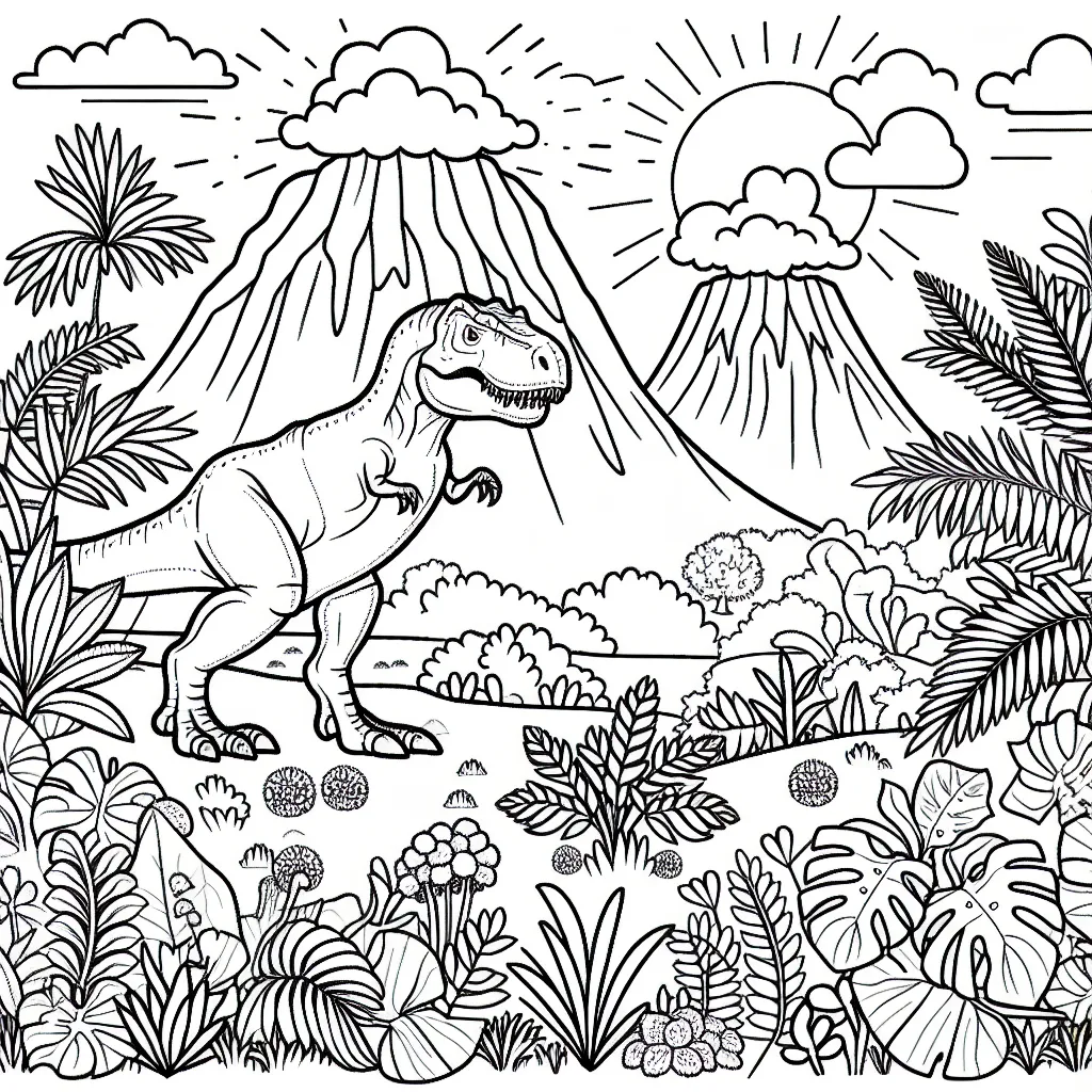 Dans l'univers fascinant des dinosaures, imaginez un majestueux T-Rex qui traverse une jungle luxuriante pleine de végétation variée et de volcans actifs !