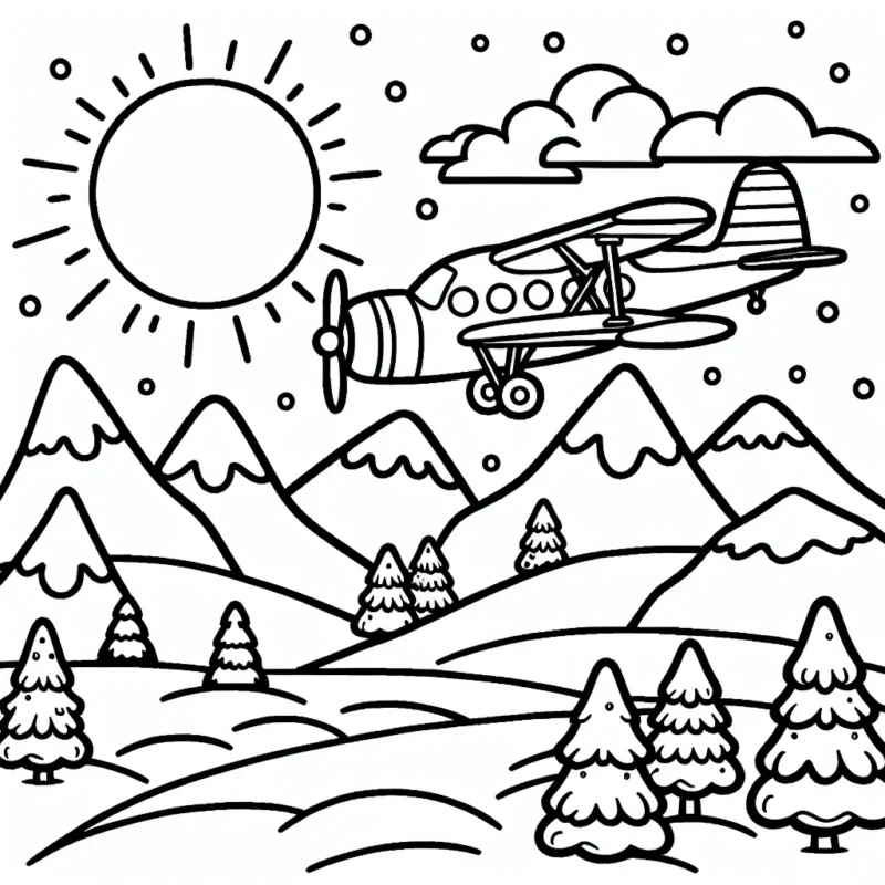 Dessine un avion survolant les montagnes enneigées, avec le soleil couchant en arrière-plan.