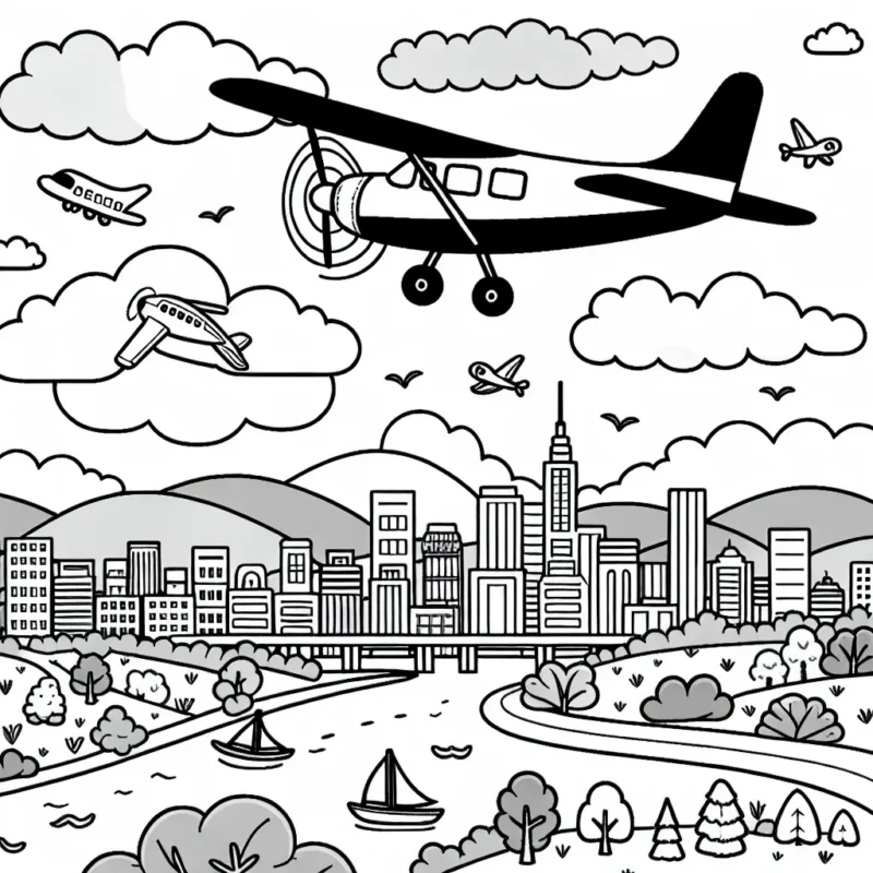 Dessine un avion à hélices survolant une ville animée et un beau paysage naturel. Le ciel contient aussi d'autres avions, des oiseaux et de gros nuages blancs.