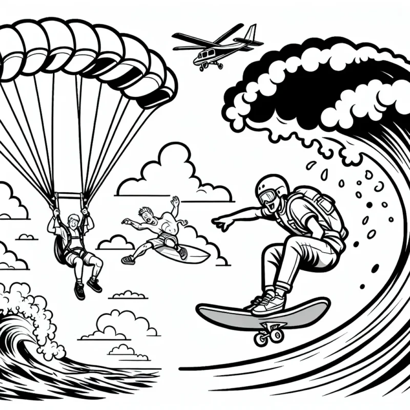 Dessine un parachutiste en plein saut extrême, un surfeur sur une vague géante et un skater sur une rampe