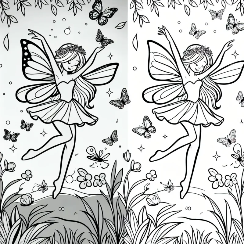 Dessine une fée qui danse avec des papillons dans une forêt enchantée.