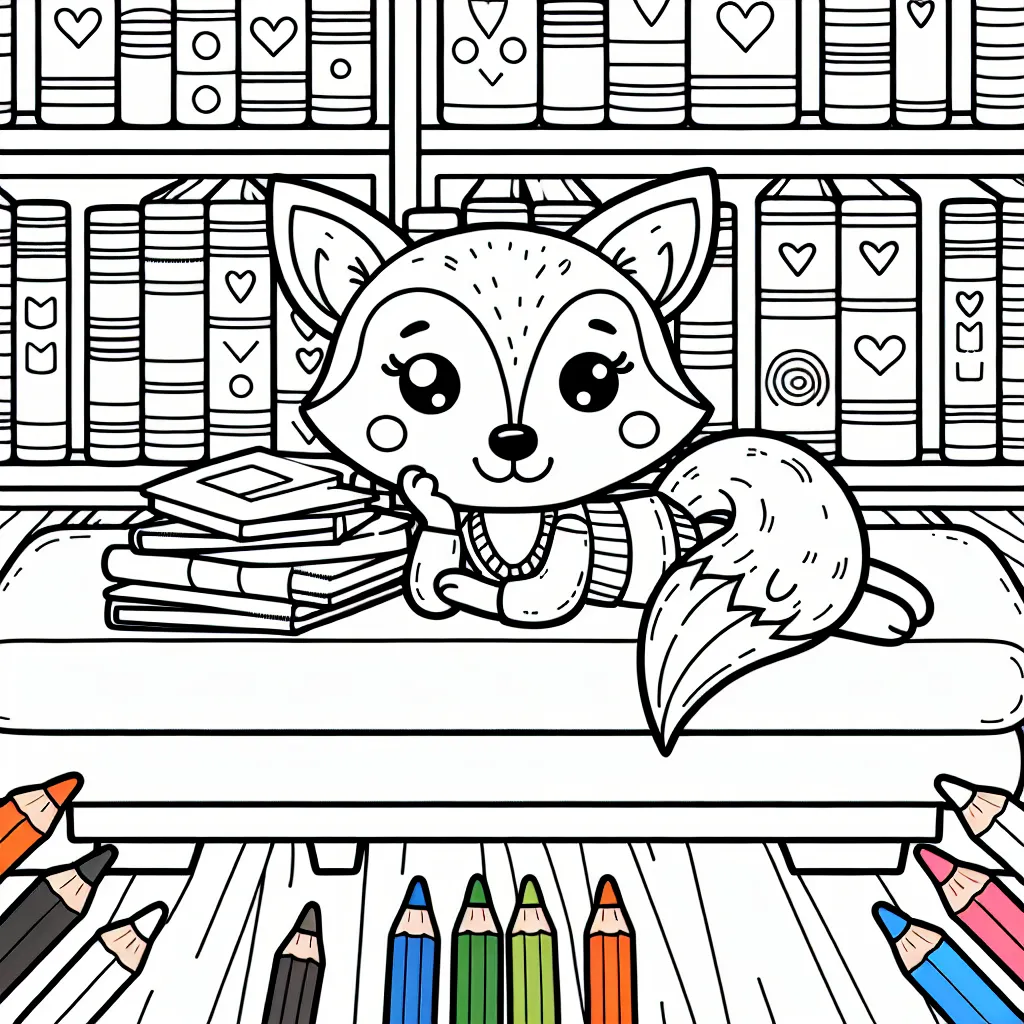 Un adorable renard affalé dans une bibliothèque bondée de livres