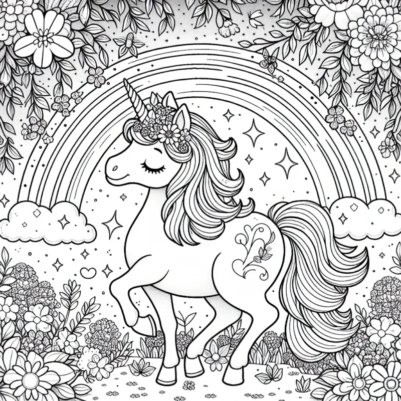 Une magnifique licorne enchantée dans un jardin magique rempli de fleurs en fleurs et d'arc-en-ciel lumineux
