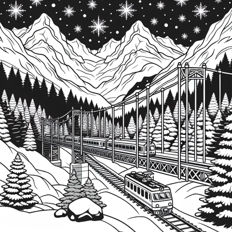 Un train voyageant à travers des montagnes enneigées et passant par un pont suspendu, avec un ciel nocturne étoilé en arrière-plan.