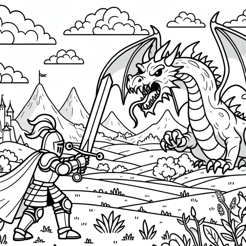Un brave chevalier se prépare à défendre son royaume contre un terrible dragon cracheur de feu dans un paysage médiéval