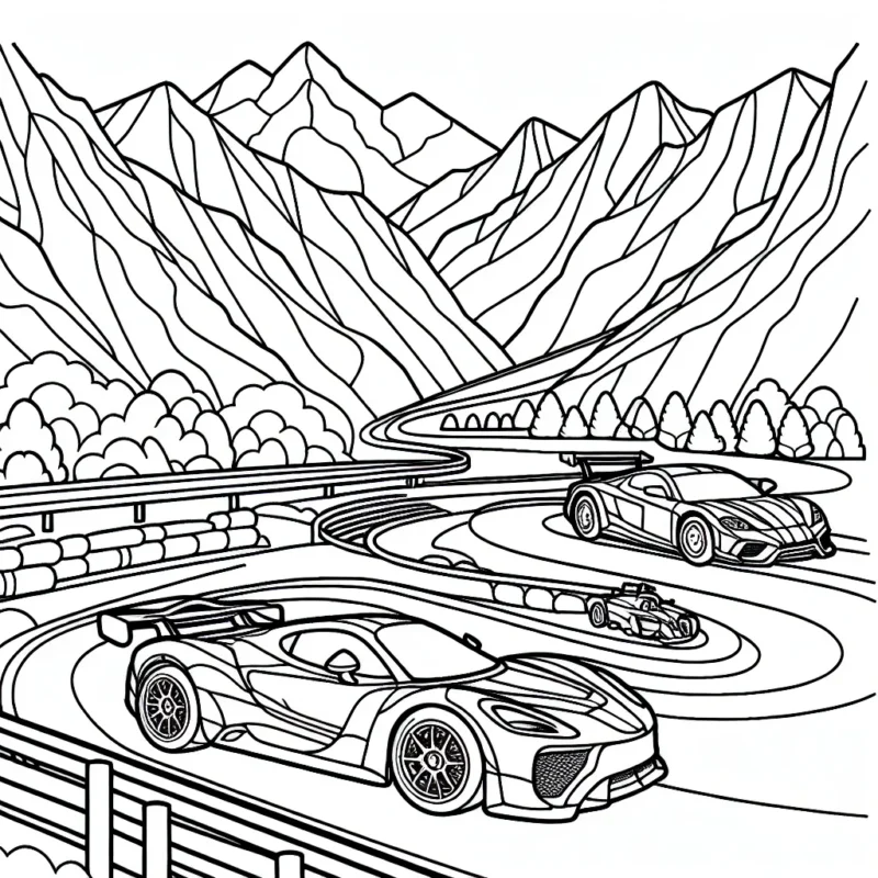 Une course palpitante de voitures de sport au milieu des montagnes, avec des voitures colorées qui zigzaguent à travers les routes sinueuses et sous les tunnels.