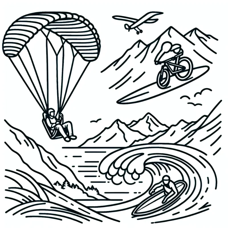 Dessine un parapentiste volant au-dessus des montagnes, un cycliste de descente dévalant un chemin sinueux et un surfeur qui surfe une énorme vague.