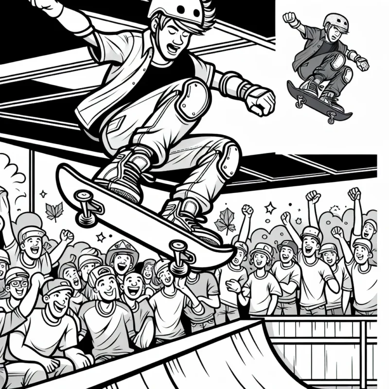 Dessinez un skateur professionnel lançant un audacieux saut de rampe dans un skatepark animé, avec des fans à l'arrière-plan portant des équipements de protection tels que des casques et des coudières.