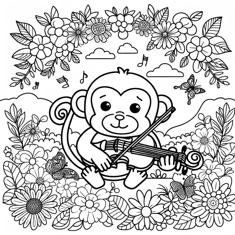 Un singe amical joue du violon dans un jardin rempli de fleurs colorées, d'oiseaux et de papillons.