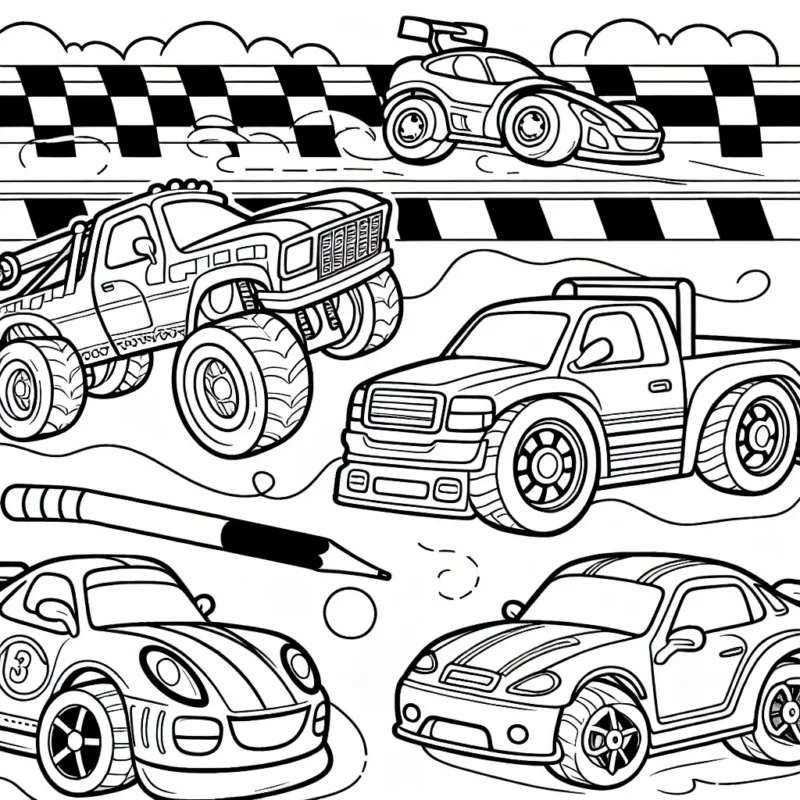Dessiner une scène de course automobile avec différentes voitures colorées.