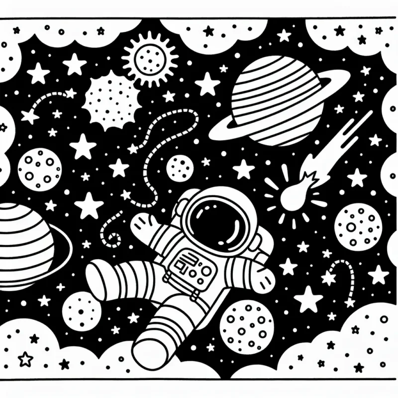 Un astronaute flottant dans l'espace, entouré d'étoiles et de planètes colorées avec une comète filante dans le ciel étoilé.