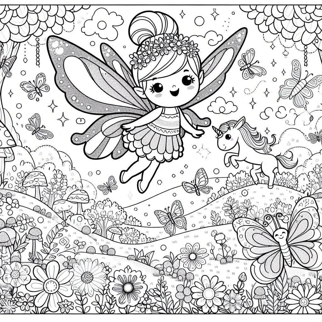 Une petite fée adorable avec de grandes ailes lumineuses flotte joyeusement au-dessus d'un jardin enchanté, bourdonnant d'activité, avec une multitude de fleurs colorées, des papillons chatoyants volants, des oiseaux gazouillant sur les branches et des lapins joueurs gambadant dans l'herbe. Une licorne au loin paît paisiblement parmi les arbres.