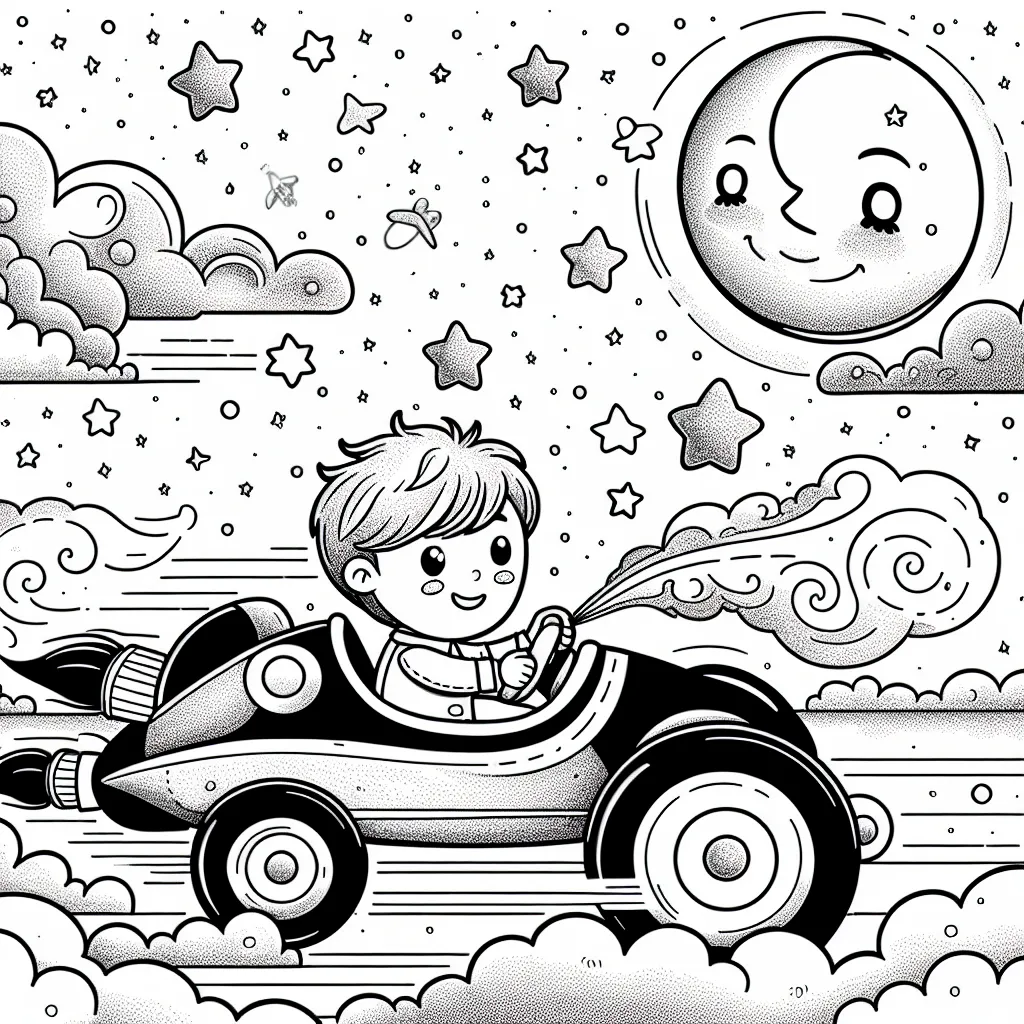 Un petit garçon et sa super voiture de course volant dans un paysage fantastique avec des nuages doux, des étoiles scintillantes et une lune souriante.