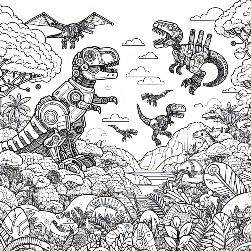 Imagine un monde où les dinosaures cohabitent avec les robots, colore ce paysage dense et excitant. Tu découvriras un T-rex robotisé jouant avec un tricératops, des raptor mécaniques volant dans le cièl et plein d'autres espèces de dinosaures robotisés à découvrir!