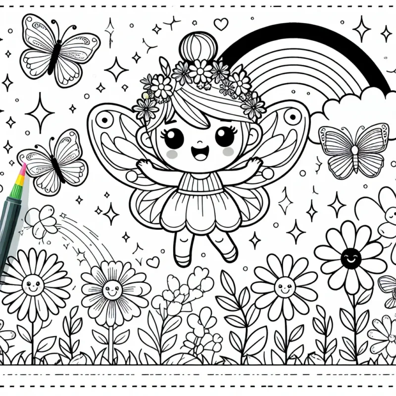 Une jolie petite fée virevolte joyeusement dans un jardin magique, avec des papillons étincelants, des fleurs qui sourient et un arc-en-ciel aux sept couleurs vives.