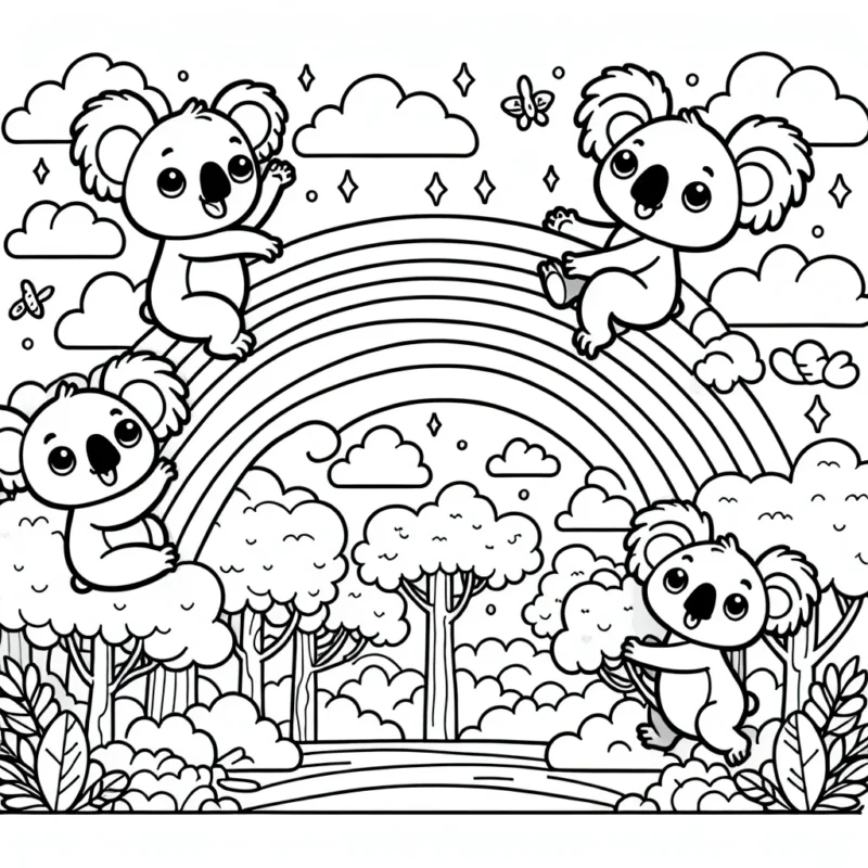 Dessine un groupe de koalas joyeux grimpant sur un arc-en-ciel magique au-dessus d'une forêt luxuriante