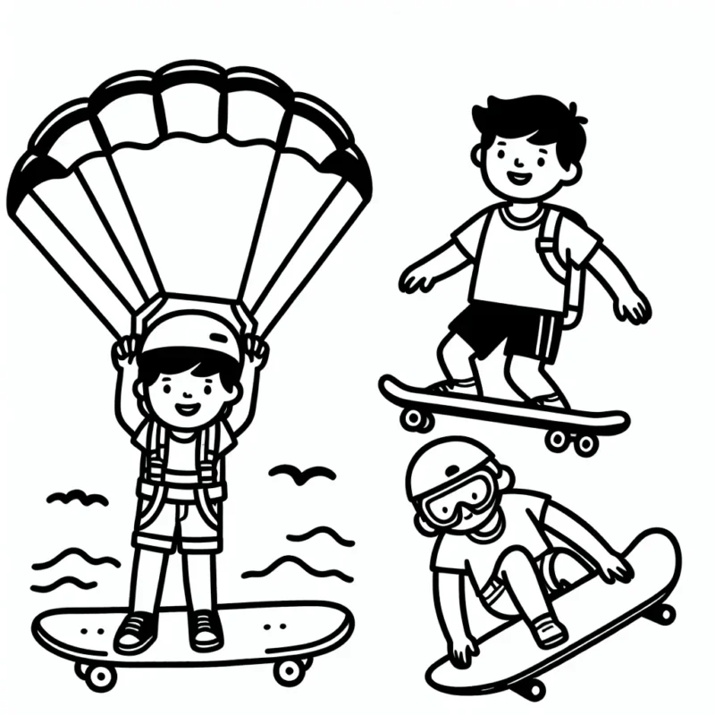 Dessine un athlète faisant du parachutisme, du skate et du surf
