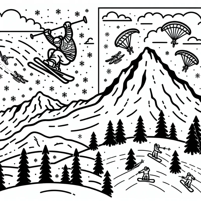 Sur une grande montagne, un skieur effectue une pirouette haute dans le ciel tout en laissant une traînée de neige derrière lui. Au bas de la montagne, des snowboardeurs dévalent le versant en évitant les arbres. Dans le ciel, des parachutistes se déplacent avec des planches à voile.