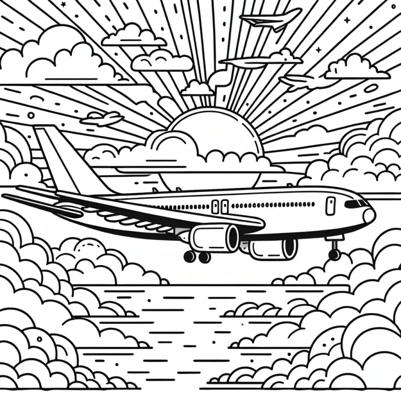 Imagine un avion voyageant à travers les nuages. C'est un grand avion à réaction avec des ailes larges et un long fuselage. Il y a des détails sur l'avion à colorier, comme des fenêtres, un logo de la compagnie d'aviation, et même le pilote dans le cockpit. Le ciel est plein de différents types de nuages, ce qui donnera beaucoup de possibilités pour utiliser différentes couleurs de bleu et de blanc. Aussi, imagine que le soleil se couche à l'horizon, créant un magnifique dégradé de couleurs dans le ciel.