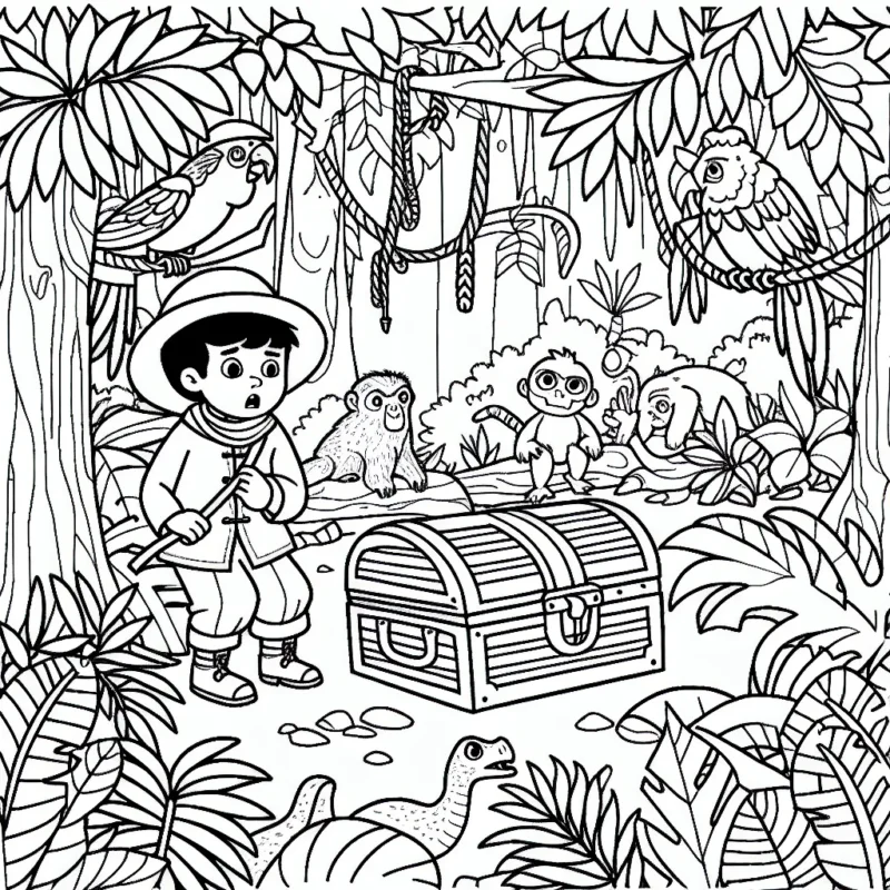 Une scène d'aventure en pleine jungle avec un jeune explorateur courageux, des animaux de la jungle et un trésor caché.