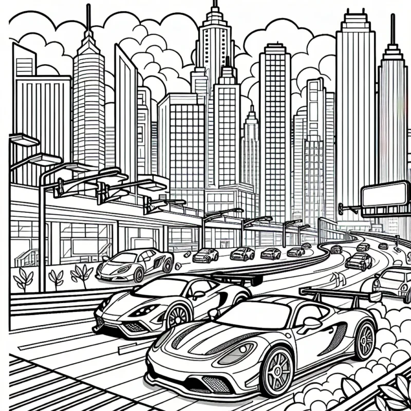 Dessine une course épique de voitures de sport à travers une ville animée