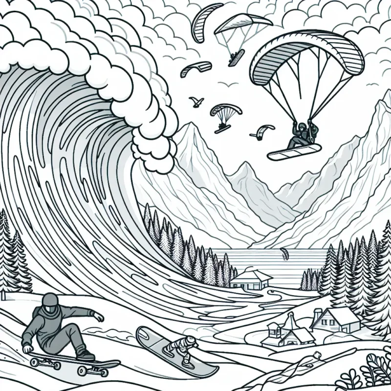 Dans cette scène, un skateur s'élance sur une rampe gigantesque, un surfer défie une vague monumentale et un snowboarder dévale une pente enneigée à toute vitesse. Dans le ciel, des parapentistes virevoltent, tandis qu'à l'horizon, un grimpeur est suspendu à une falaise.