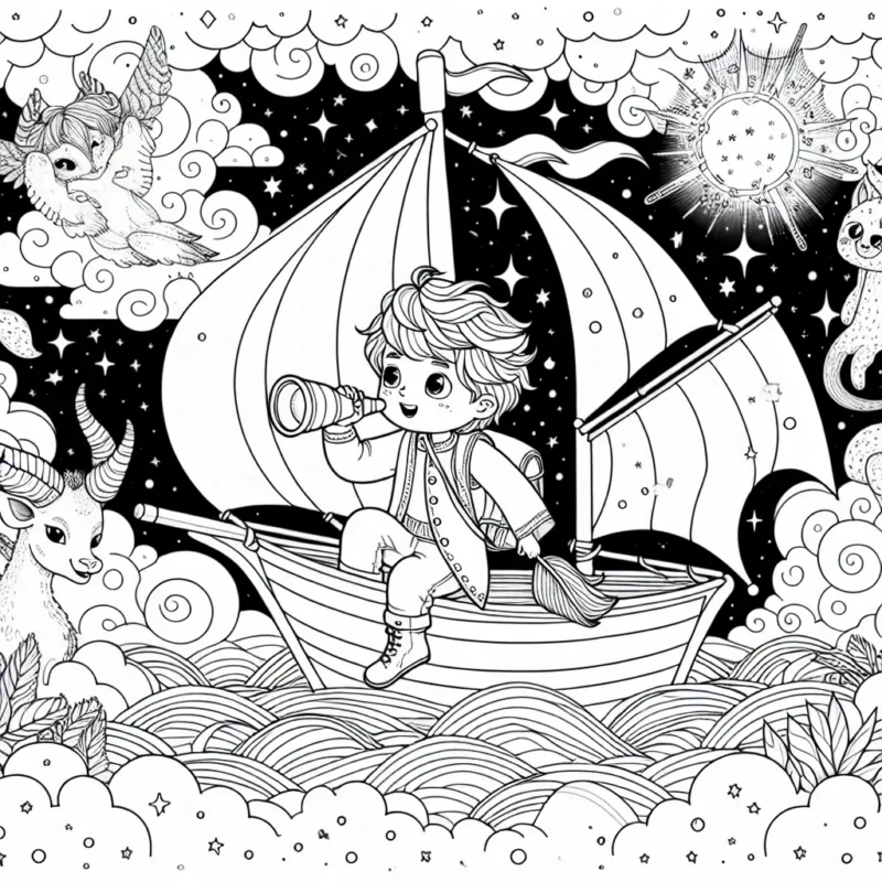 Un petit garçon explorateur voyage à bord de son bateau magique et navigue sur une mer de nuages, entouré de créatures fantastiques et de constellations scintillantes.