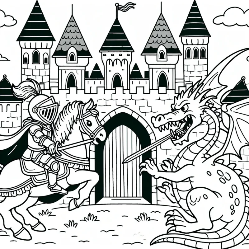 Une aventure médiévale fantastique avec un chevalier courageux qui combat un dragon redoutable pour défendre un château majestueux.