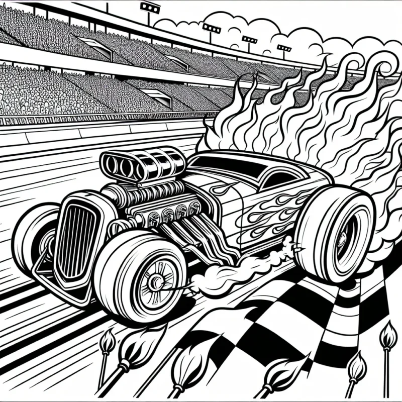 Dessine une voiture de course flamboyante qui file à toute vitesse sur un circuit incroyable ! Pense à colorier ses flammes qui jaillissent de ses pots d'échappement et la foule qui l'acclame passionnément.