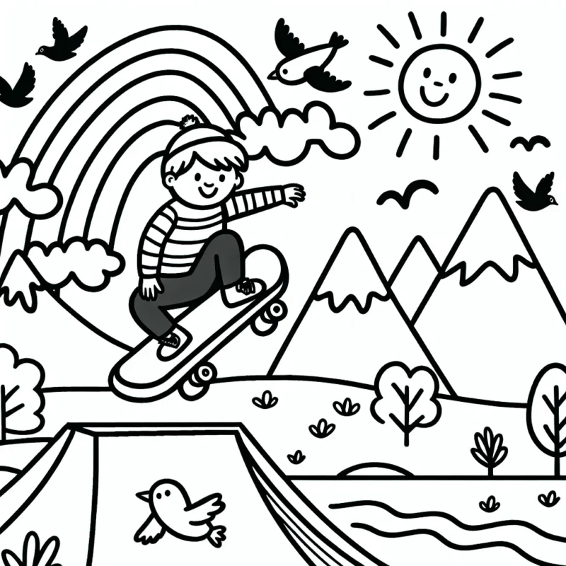 Dessine un skateur effectuant un saut incroyable sur une rampe, avec des montagnes imposantes en arrière-plan. Des oiseaux volent en haut dans le ciel, et il y a un grand arc-en-ciel qui s'étend jusqu'à un soleil souriant.