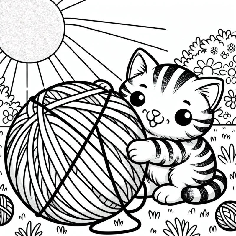 Un adorable petit chaton à rayures jouant avec une pelote de laine multicolore dans un jardin baigné de soleil.