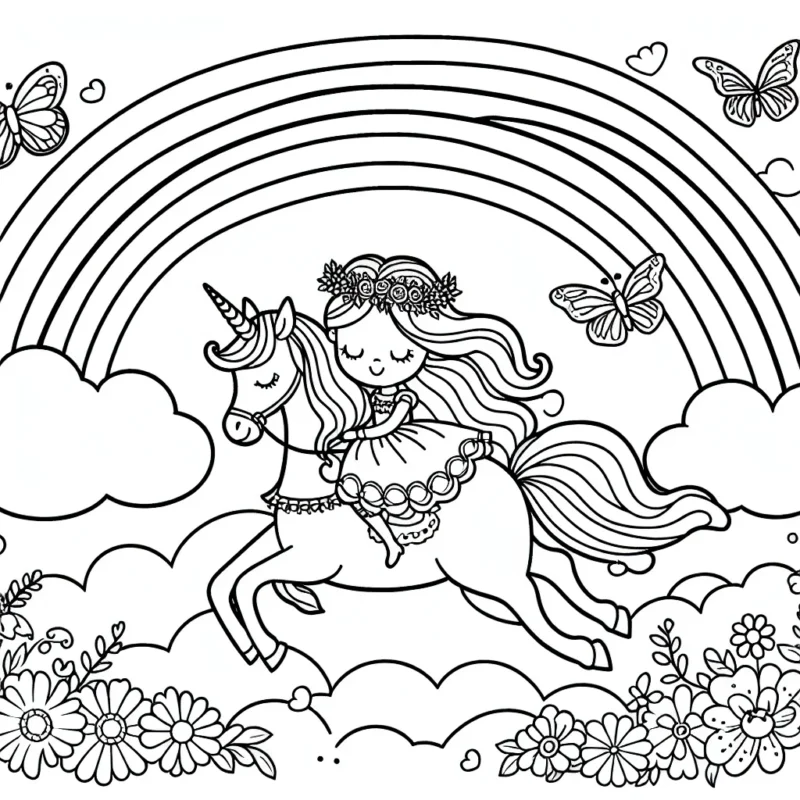 Une princesse féérique chevauchant un licorne sous un arc-en-ciel entourée de papillons et de fleurs