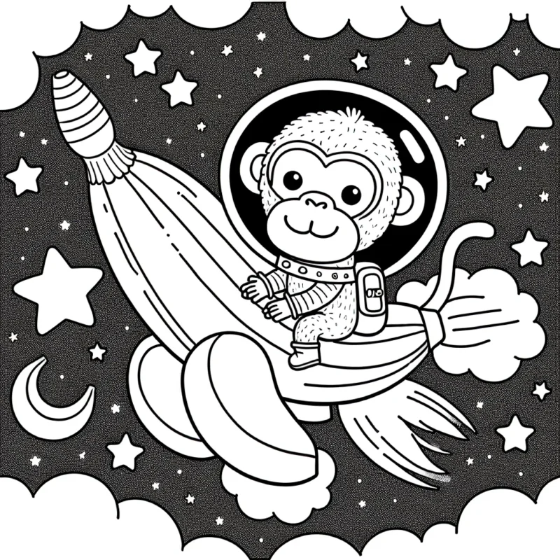 Dessine un singe cosmonaute dans son vaisseau spatial voyageant à travers le ciel nocturne étoilé, soutenu par une banane géante comme fusée.