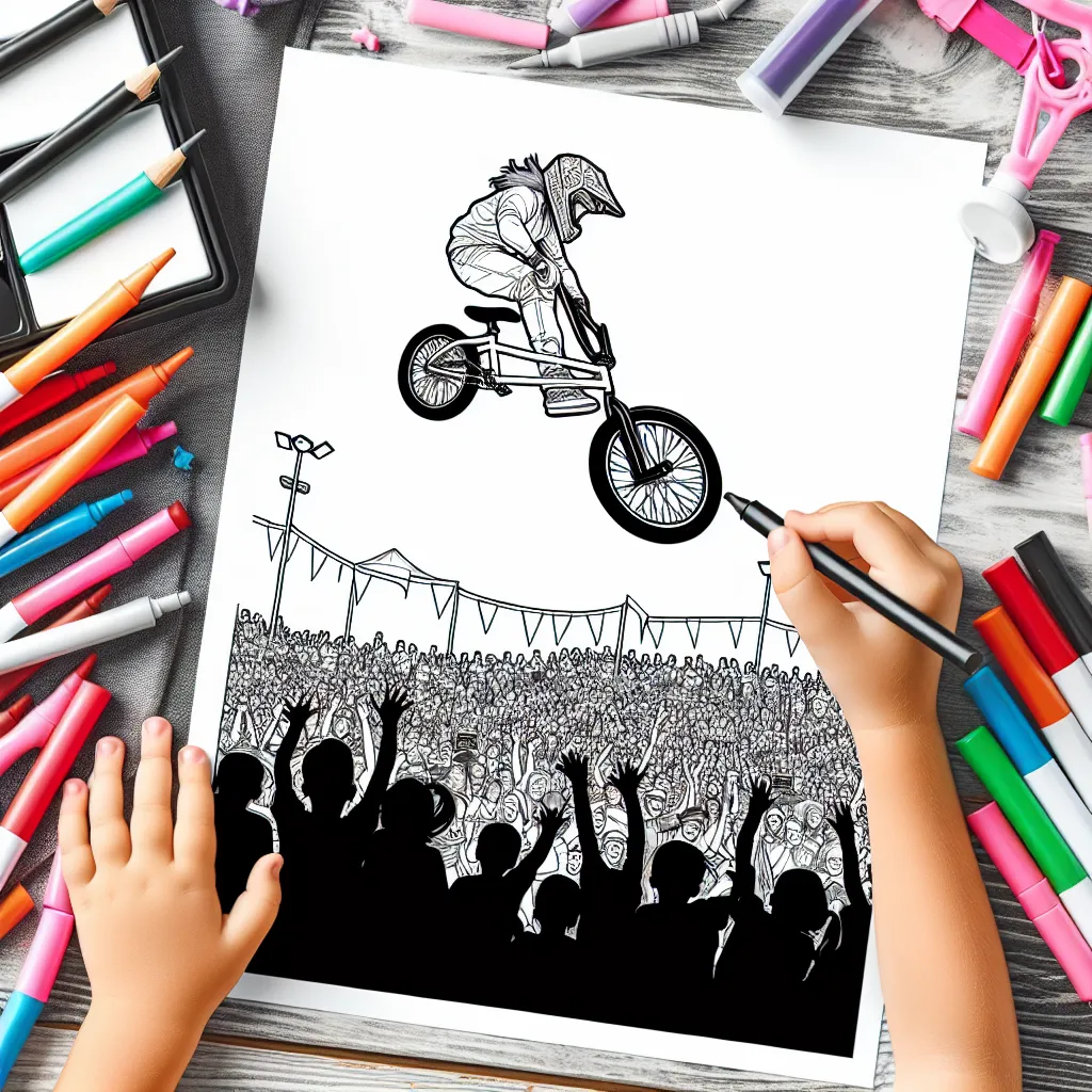 Dessine un athlète de BMX dans les airs en effectuant une figure impressionnante devant un public étonné lors d'une compétition de sports extrêmes. N'oublie pas de marquer ton travail avec des couleurs vives pour transmettre l'énergie palpitante du moment!