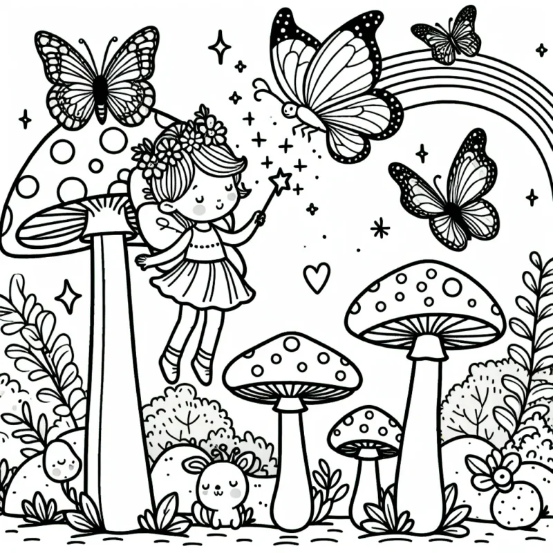 Imaginer la forêt enchantée avec une jolie petite fée qui virevolte entre les champignons géants, les papillons chatoyants et les animaux de la forêt. La petite fée dessine un arc-en-ciel avec sa baguette magique.