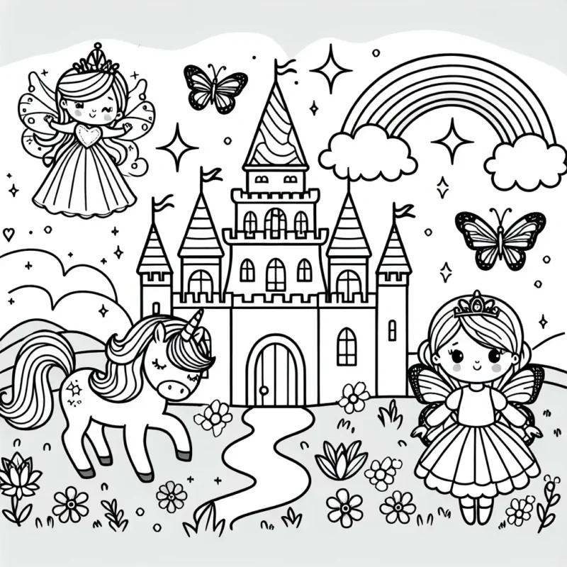 Un royaume féerique avec un château majestueux, une petite princesse, un poney magique, des papillons scintillants et un arc-en-ciel resplendissant
