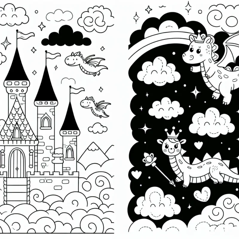 Un château féerique flottant au-dessus des nuages avec une princesse et un dragon amical