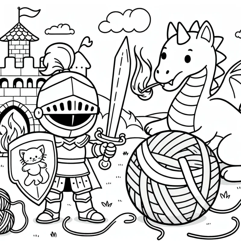 Un courageux chevalier protège son château contre un dragon crachant du feu, tandis qu'un joli chaton joue avec une grosse pelote de laine dans la cour du château.