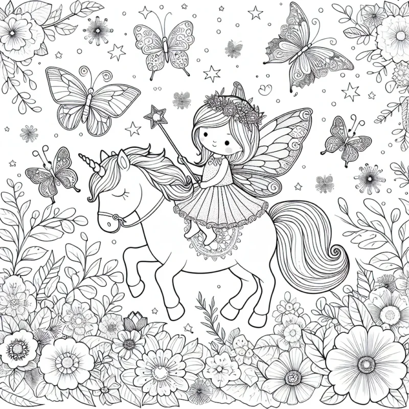 Une petite fée magique avec sa baguette enchantée chevauchant un licorne dans un jardin fleuri merveilleux, entourée d'une myriade de papillons colorés.