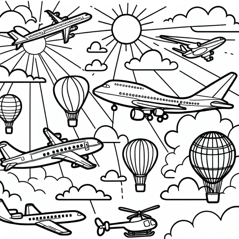 Imagine un vol d'avions incroyables dans le ciel bleu. Il y a des avions de ligne, des jets privés, des hélicoptères et même des montgolfières qui brillent sous le soleil.