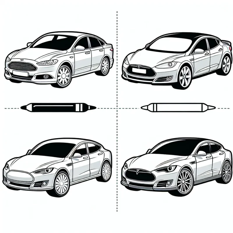 Dessine une voiture pour chaque marque majeure, y compris Ford, Tesla, Audi et BMW.