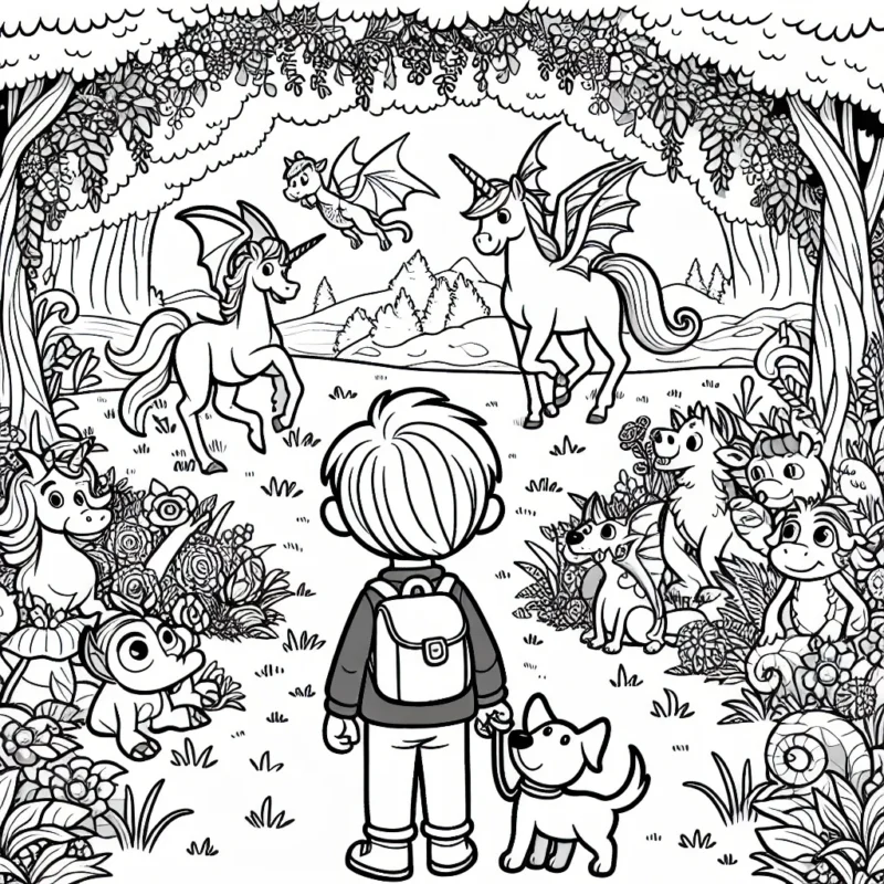 Un petit garçon plutôt curieux se tient devant un jardin foisonnant de créatures enchantées. Il aperçoit des licornes, des dragons, des lutins et des fées. Il est tout excité et décidé à explorer ce monde fantastique avec son fidèle chien.