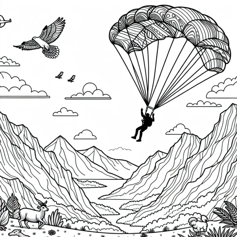 Un athlète faisant du base jumping en pleine nature, avec un parachute diversifié et coloré se déployant, des montagnes imposantes en arrière-plan et des animaux sauvages aperçus à la base de la montagne.