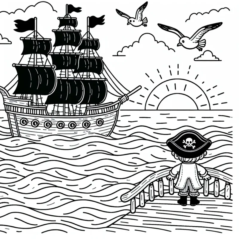 Un petit garçon habillé en corsaire se tient sur le pont d'un grand bateau pirate naviguant sur les vagues de l'océan. Le soleil se couche à l'horizon tandis que des mouettes volent à côtés du bateau.