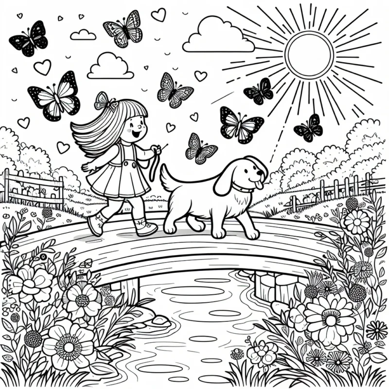 Une petite fille et son grand chien déambulent joyeusement sur un pont au-dessus d'un ruisseau ensoleillé, émerveillés par un vol de papillons multicolores. Les papillons et les différents éléments du paysage (l'herbe, les fleurs, le ciel, l'eau) sont vierges de couleur.