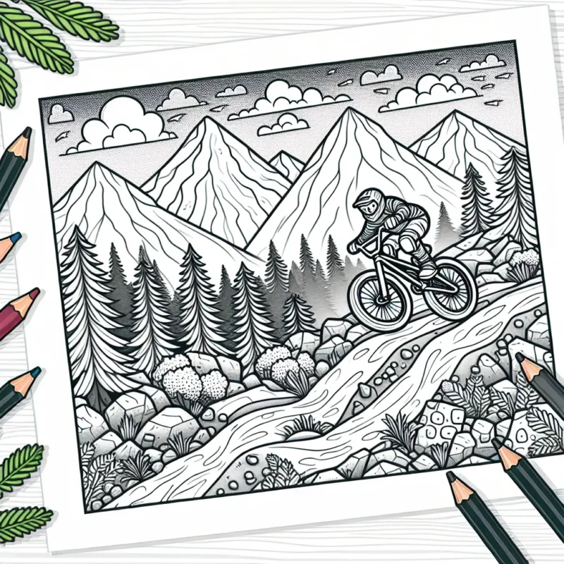 Imaginons un parcours de vélo extrême dans la montagne, décris de manière détaillée : c'est un vélo BMX sur un sentier rocheux, avec des bosses, des courbes serrées et des sauts périlleux. Dans le décor, il y a des montagnes, des pins et un ciel parsemé de nuages.