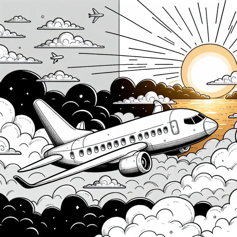 Dessinez un avion de passagers naviguant au-dessus des nuages avec le soleil couchant en arrière-plan. N'oubliez pas d'inclure des détails réalistes sur l'avion, ainsi que de diverses structures de nuages colorées reflétant des tons dorés du soleil couchant.